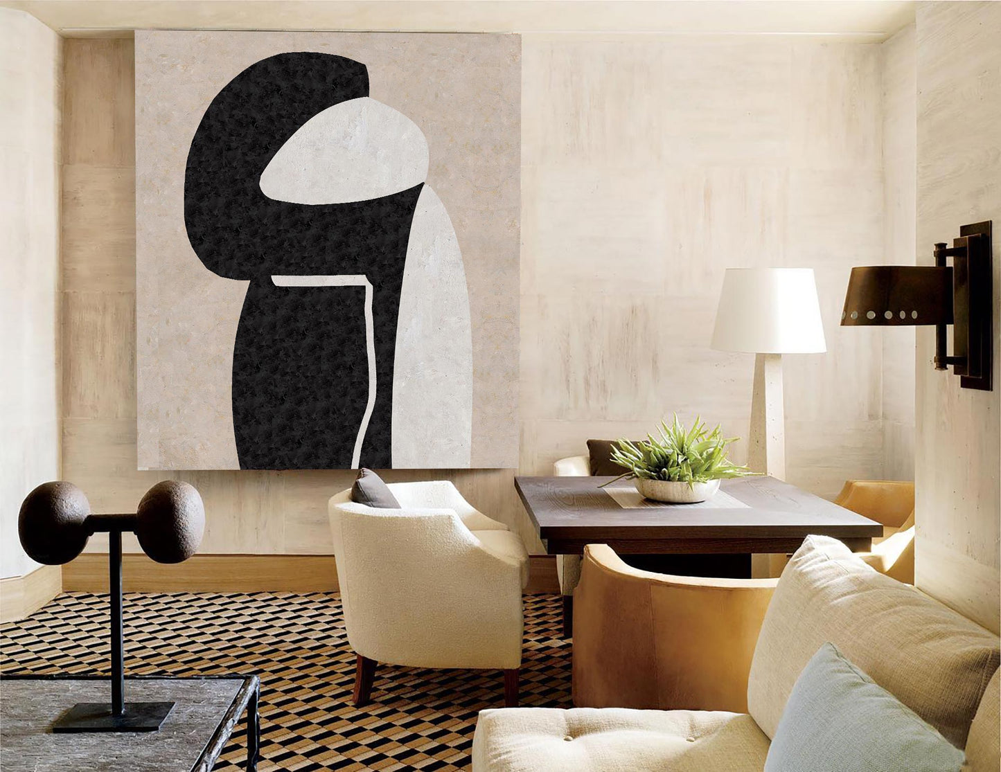 Modern Beige and Black Minimalist Abstract Oil Painting for Contemporary Decor
