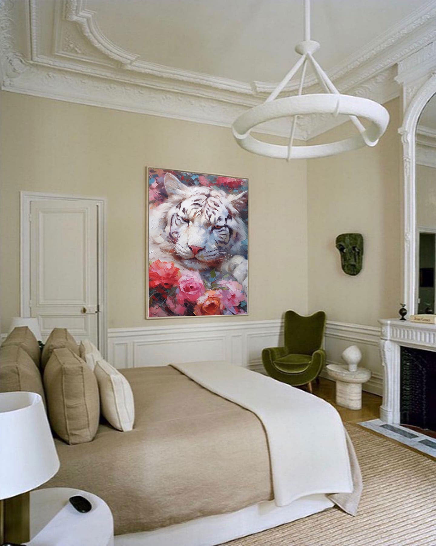 Majestic White Tiger with Floral Accents - Stunning Oil Painting Art