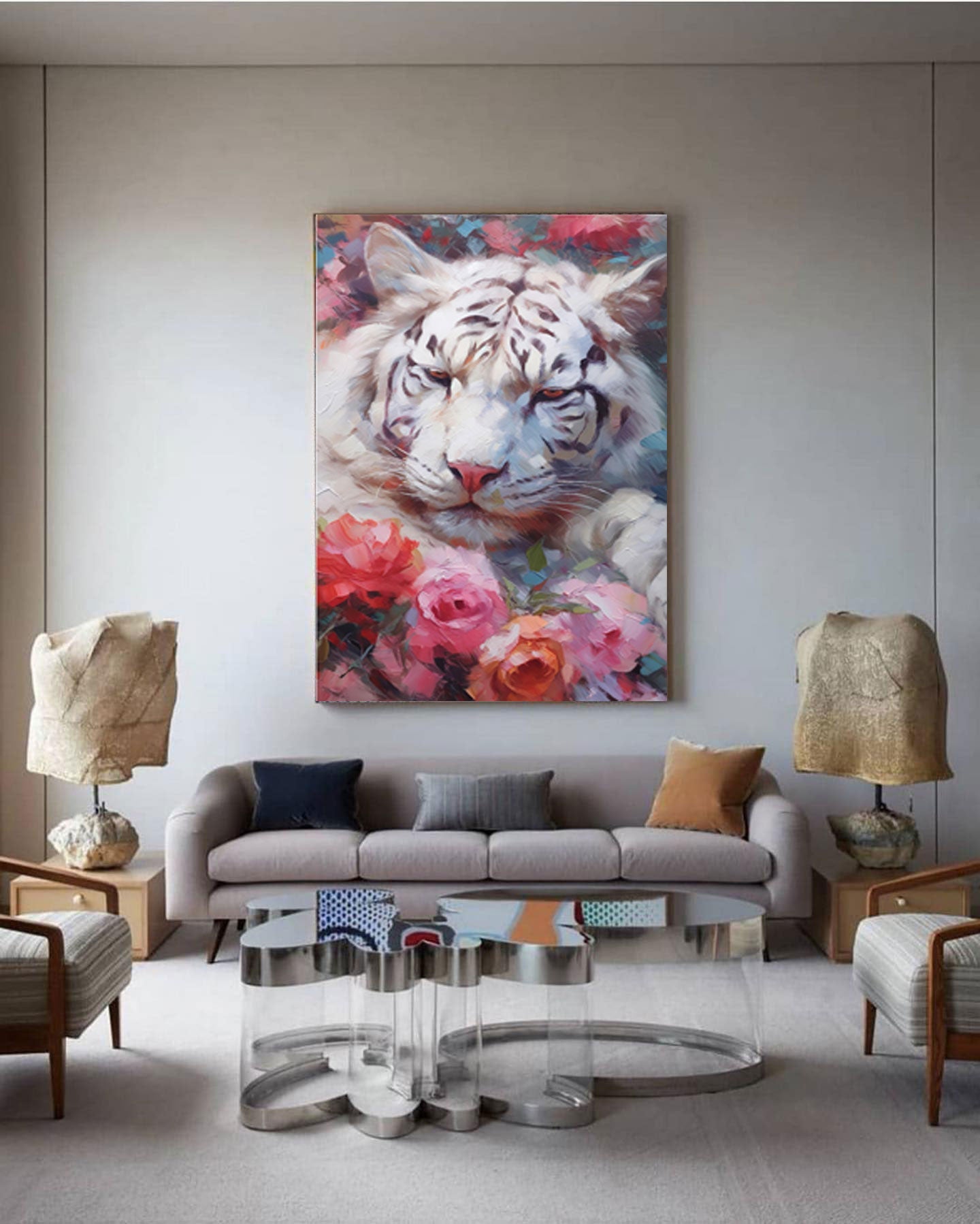 Majestic White Tiger with Floral Accents - Stunning Oil Painting Art