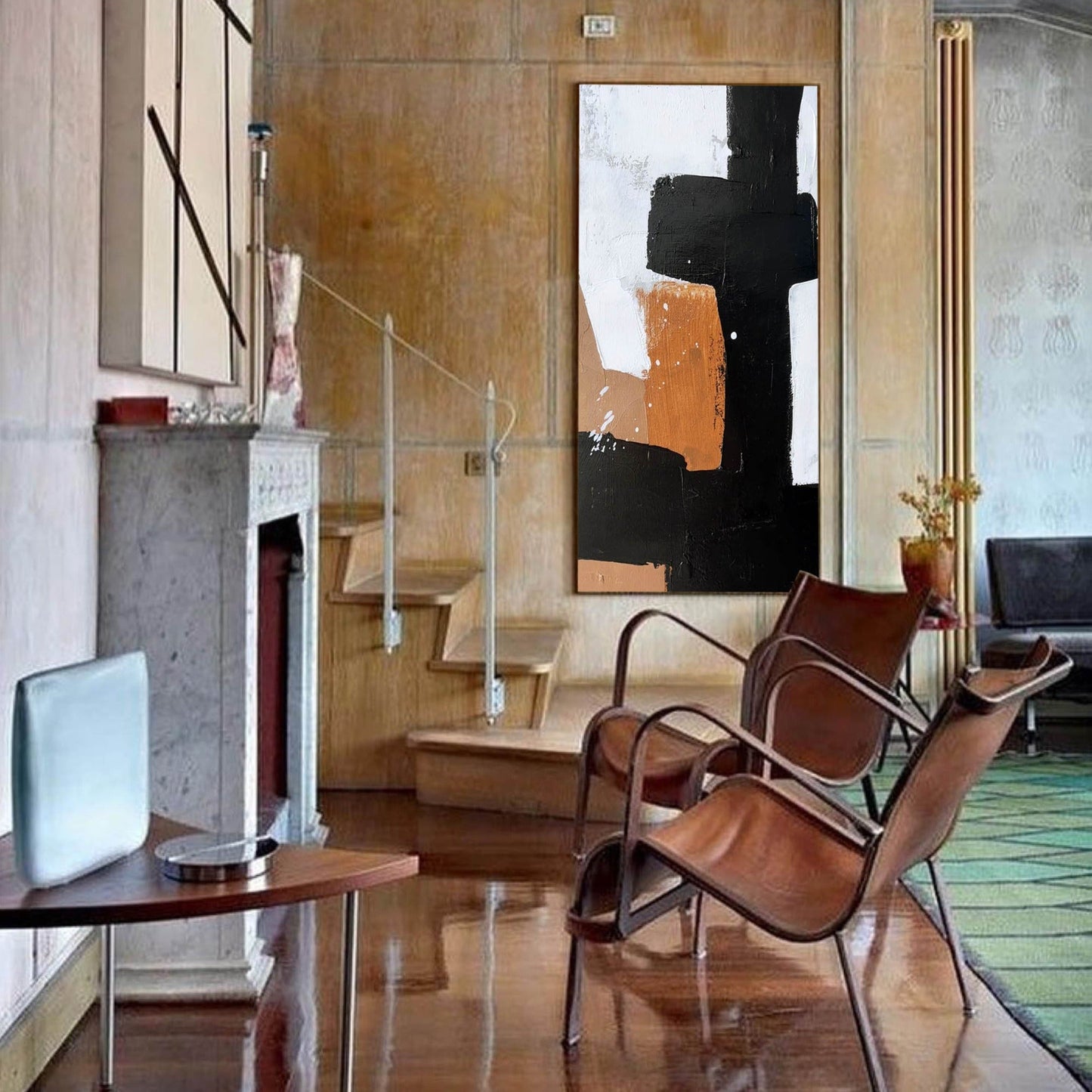 Modern Minimalist Abstract Oil Painting in Black, White, and Copper Tones