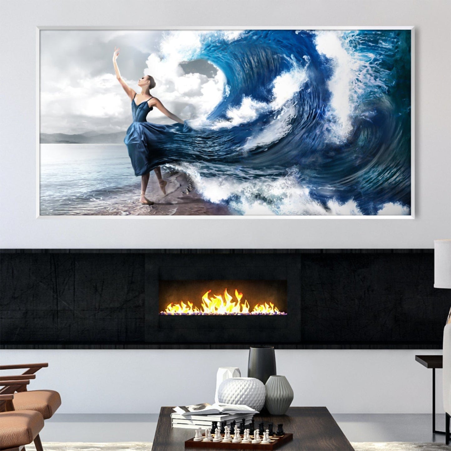 Majestic Ocean Waves: Elegant Woman in Flowing Dress Oil Painting