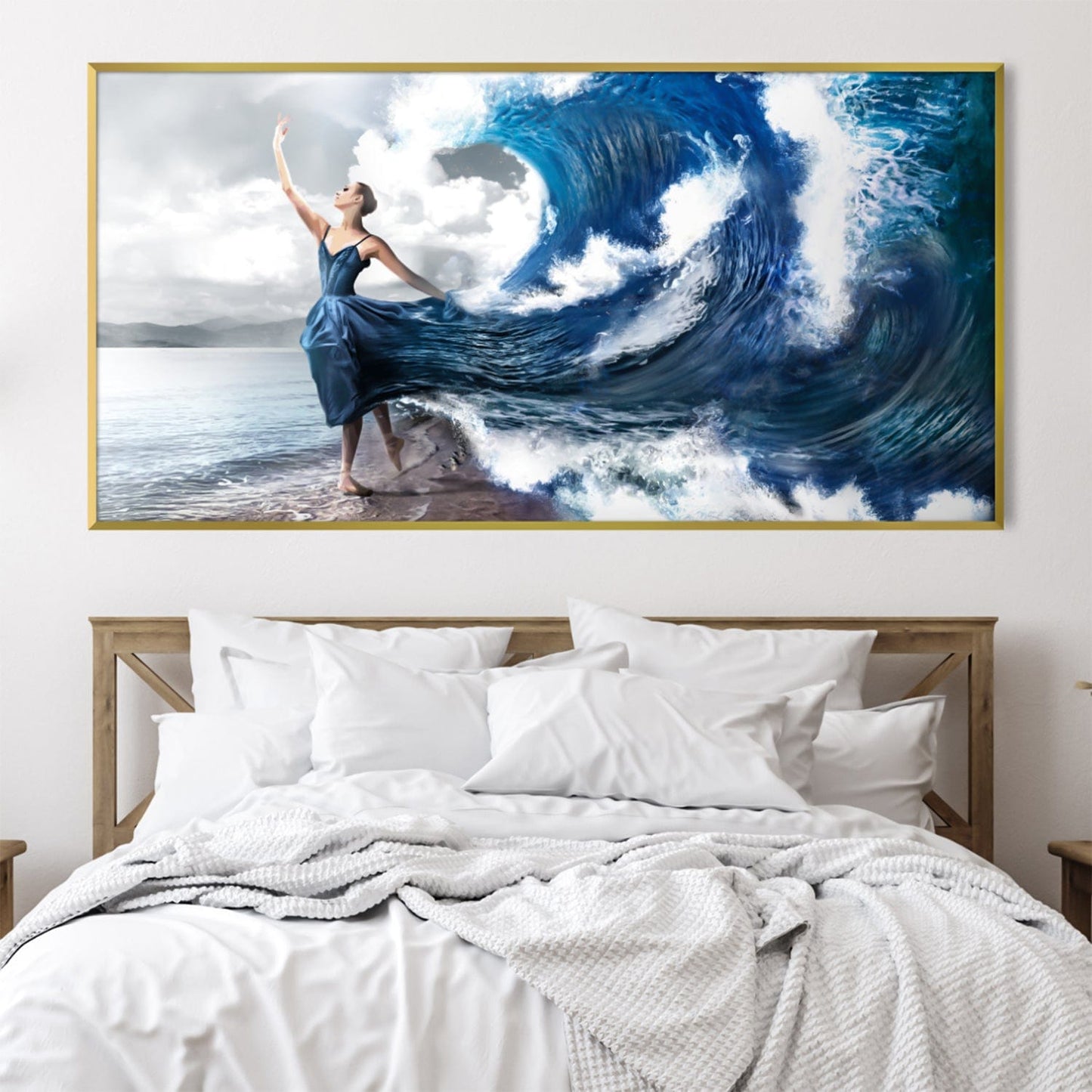 Majestic Ocean Waves: Elegant Woman in Flowing Dress Oil Painting