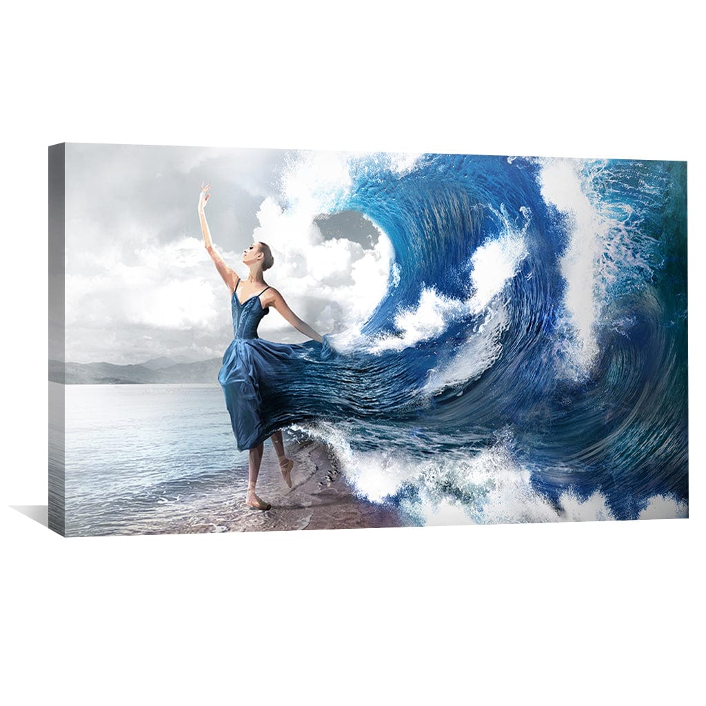 Majestic Ocean Waves: Elegant Woman in Flowing Dress Oil Painting
