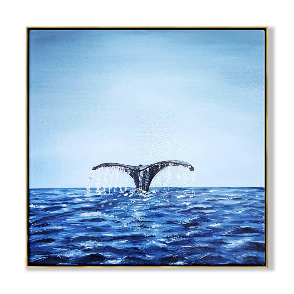 Whale Tail Splashing in Serene Blue Ocean - Captivating Oil Painting for Nautical Decor