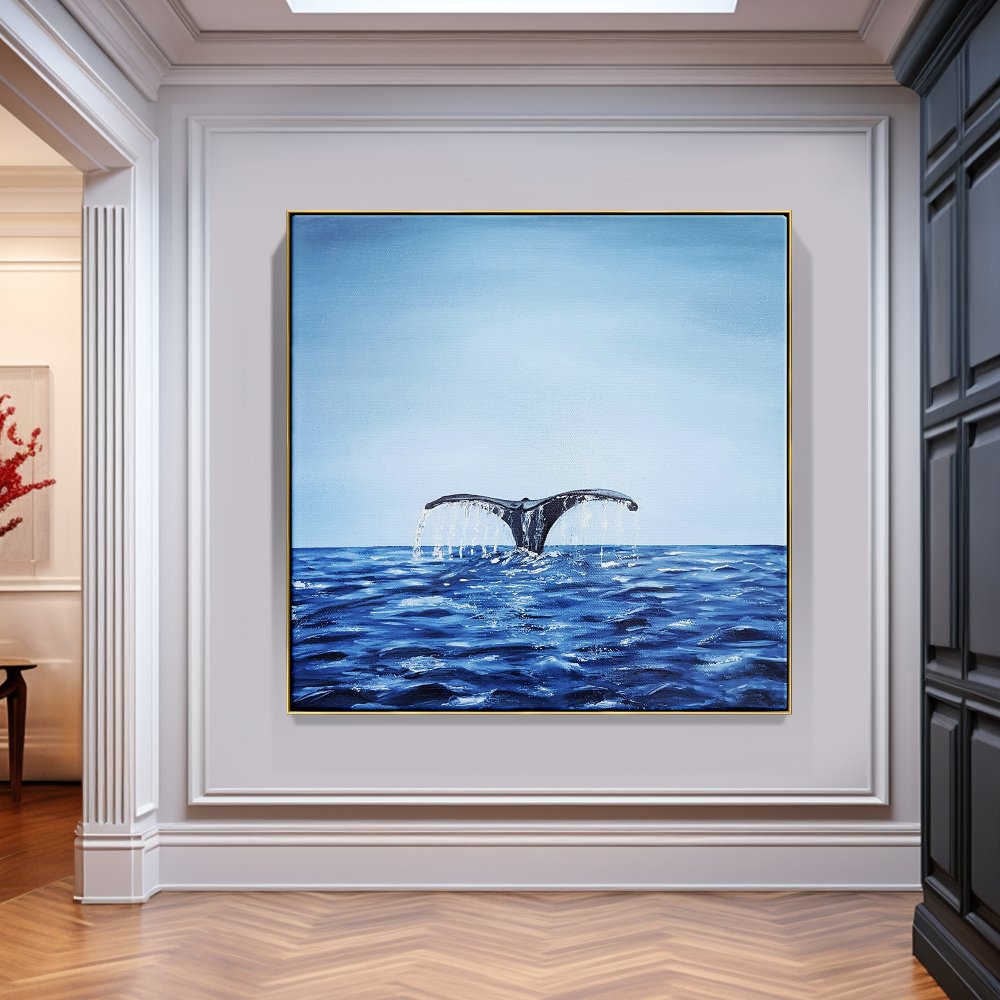 Whale Tail Splashing in Serene Blue Ocean - Captivating Oil Painting for Nautical Decor