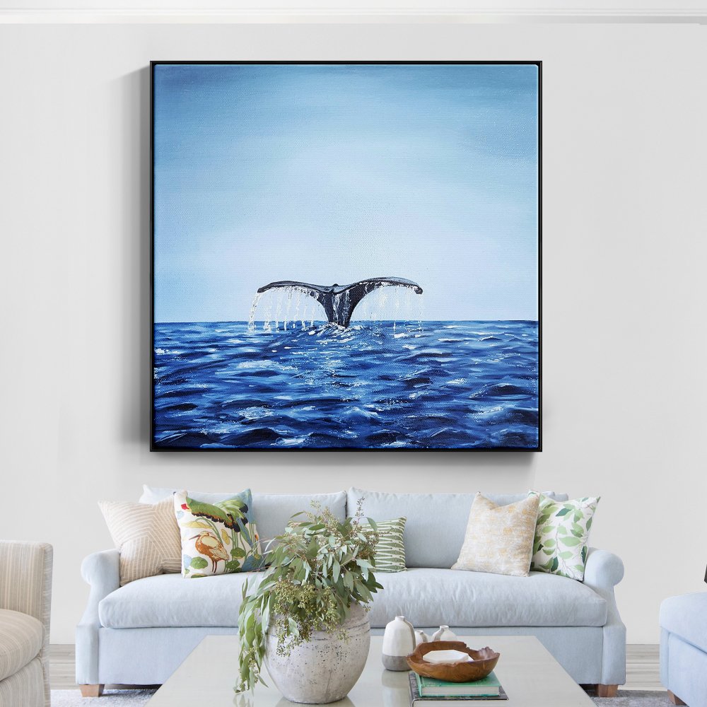 Whale Tail Splashing in Serene Blue Ocean - Captivating Oil Painting for Nautical Decor
