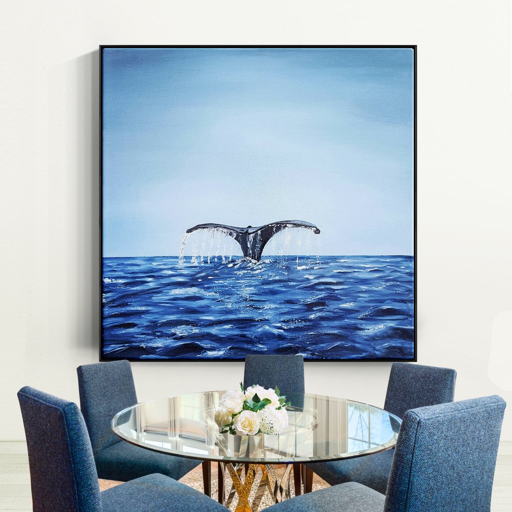 Whale Tail Splashing in Serene Blue Ocean - Captivating Oil Painting for Nautical Decor