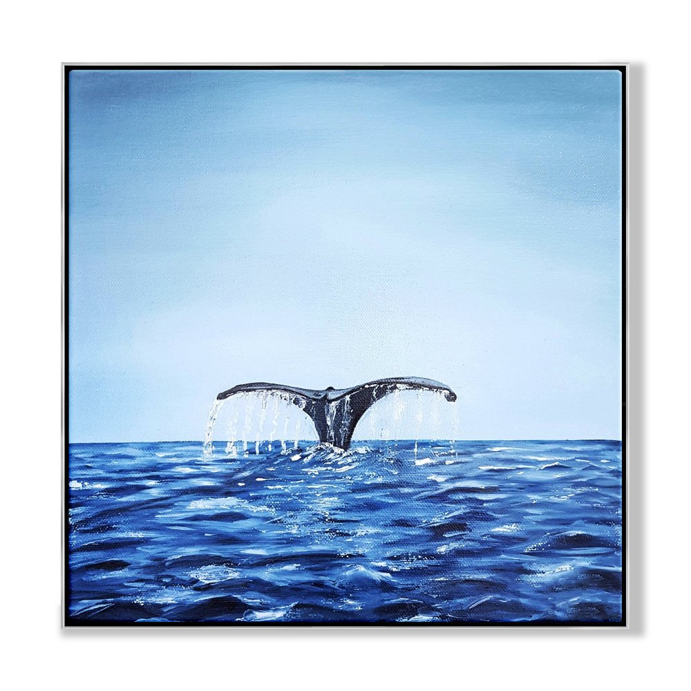 Whale Tail Splashing in Serene Blue Ocean - Captivating Oil Painting for Nautical Decor
