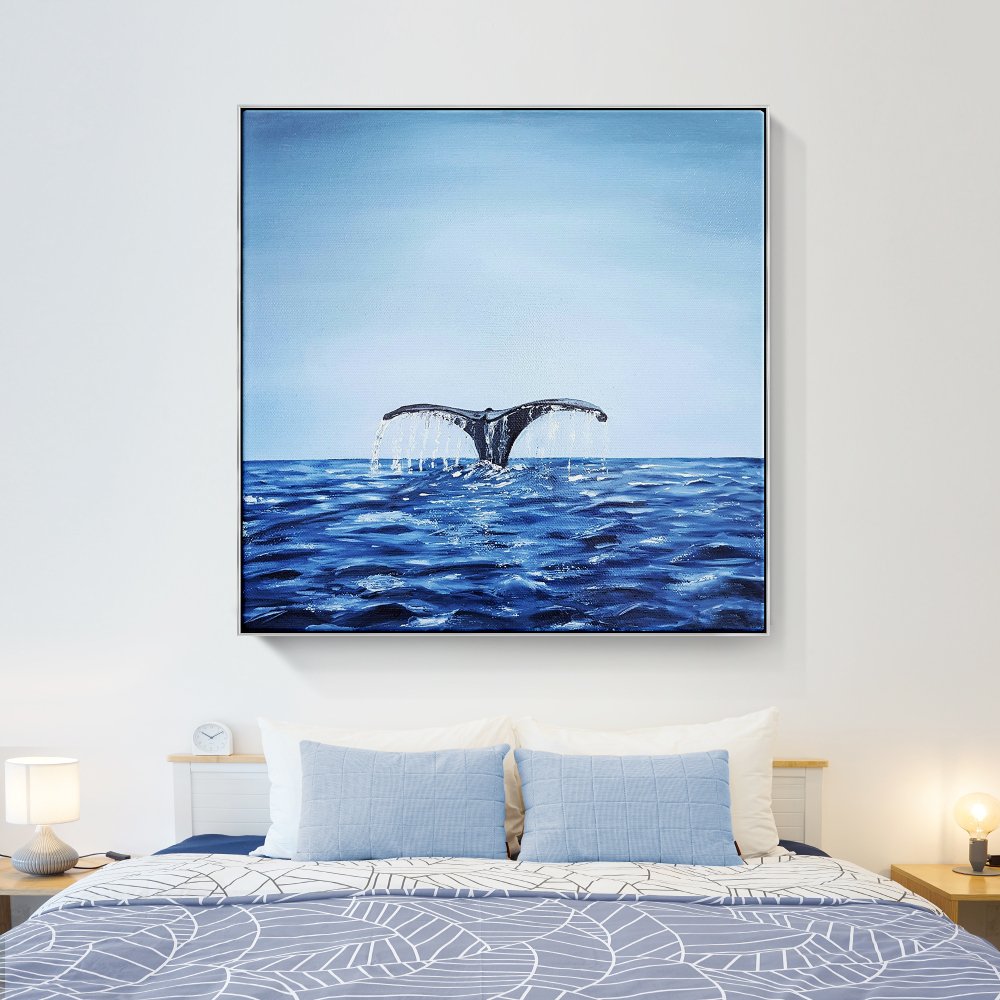 Whale Tail Splashing in Serene Blue Ocean - Captivating Oil Painting for Nautical Decor