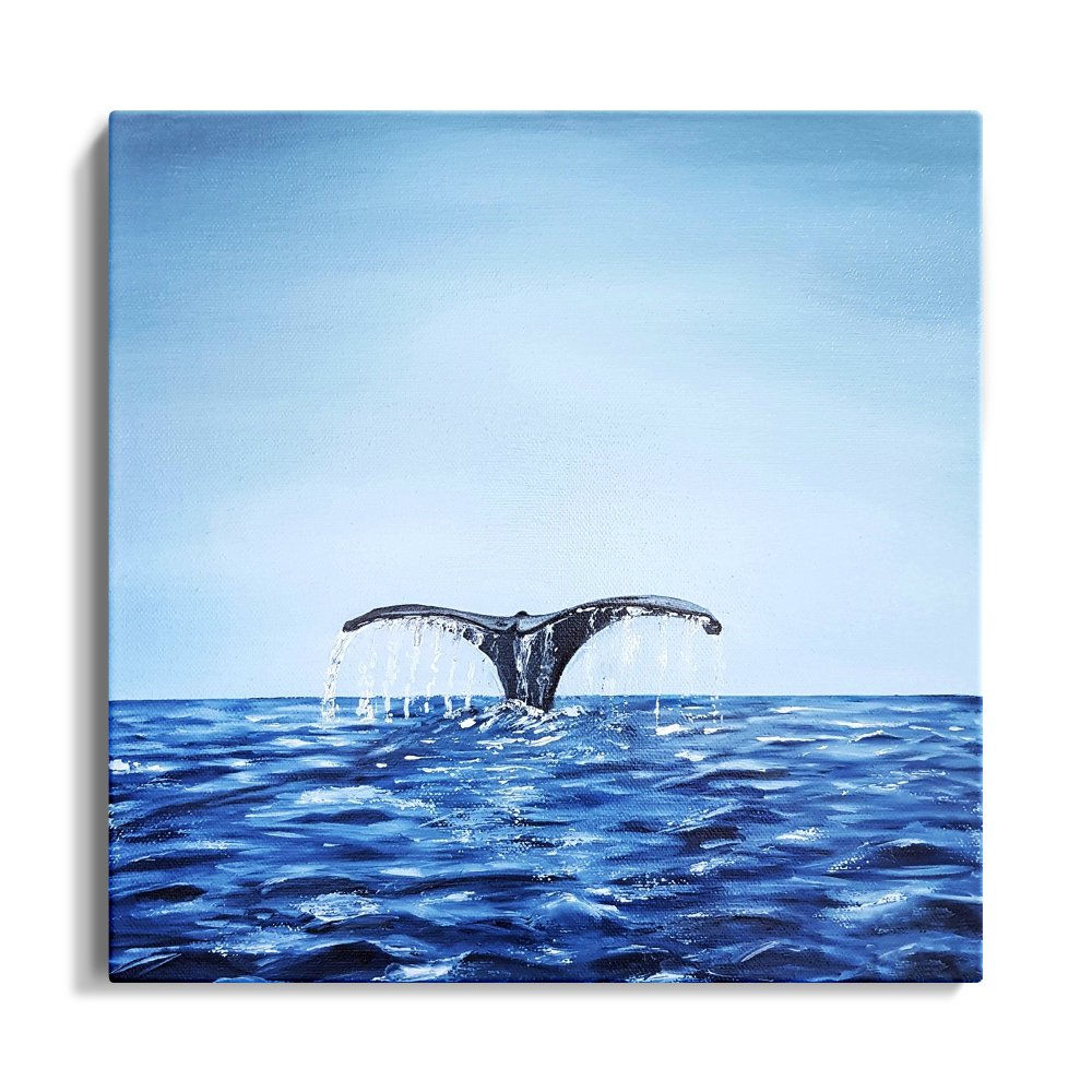 Whale Tail Splashing in Serene Blue Ocean - Captivating Oil Painting for Nautical Decor