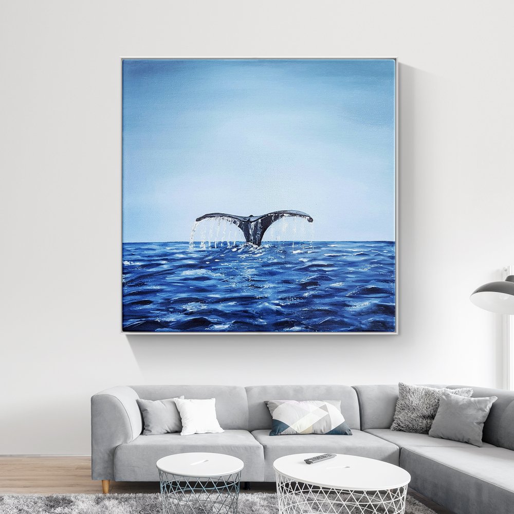 Whale Tail Splashing in Serene Blue Ocean - Captivating Oil Painting for Nautical Decor