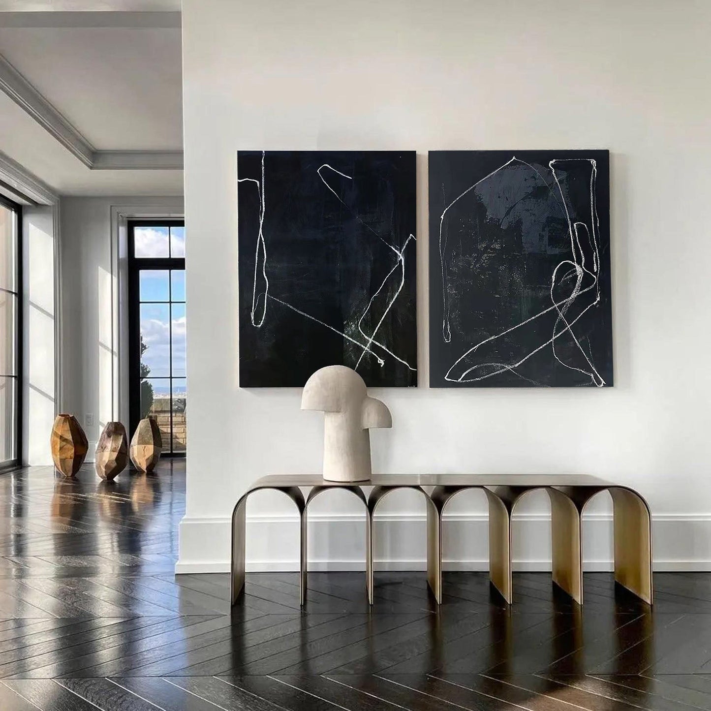 Elegant Black Abstract Oil Painting with Modern Minimalist Lines