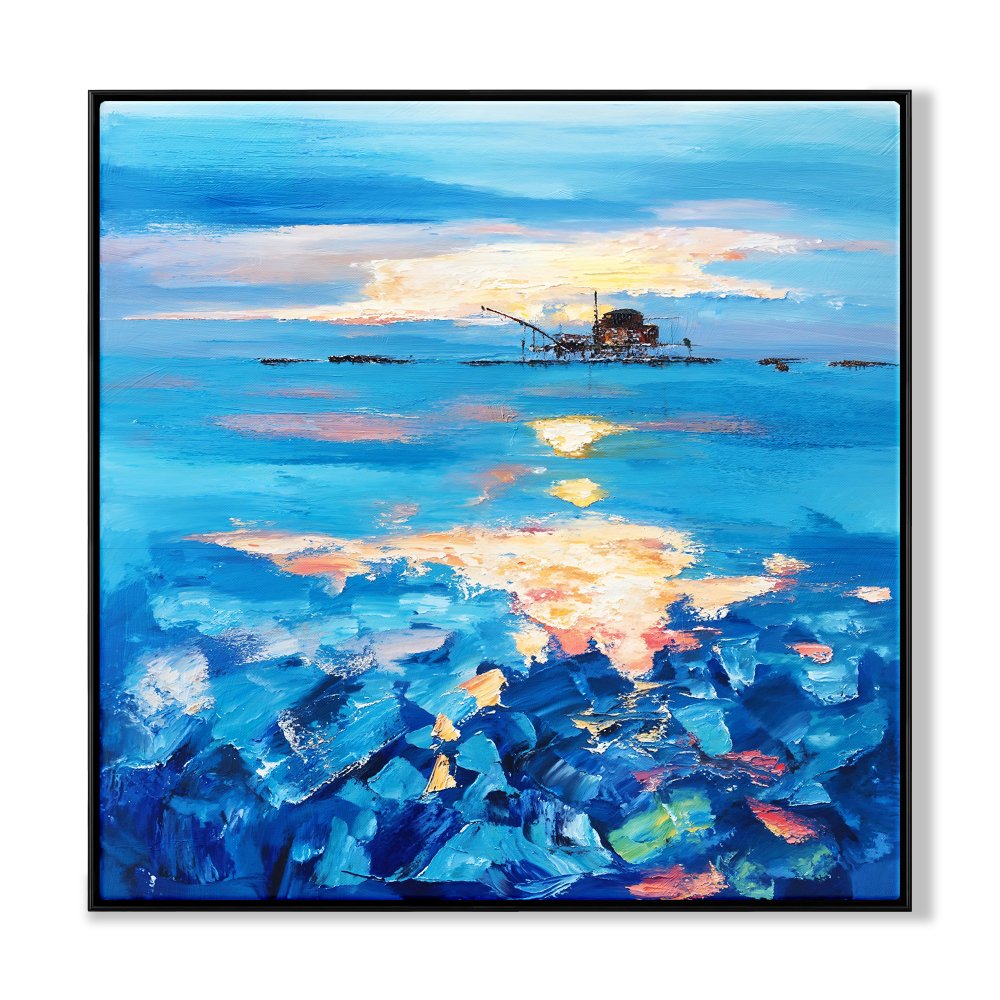 Serene Oilrig Sunrise Over Vibrant Blue Waters