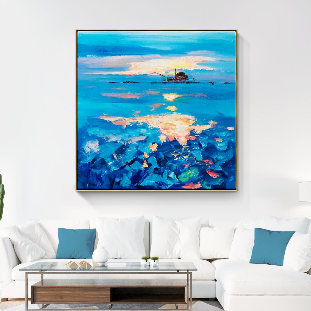 Serene Oilrig Sunrise Over Vibrant Blue Waters
