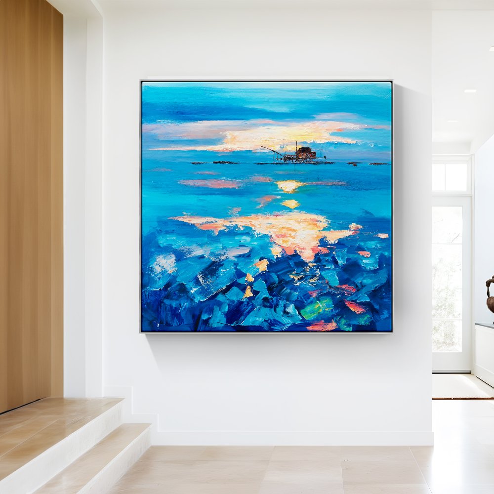 Serene Oilrig Sunrise Over Vibrant Blue Waters