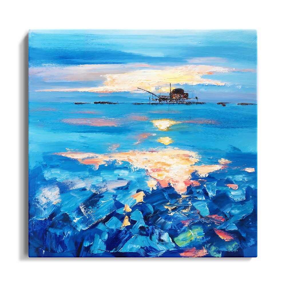 Serene Oilrig Sunrise Over Vibrant Blue Waters