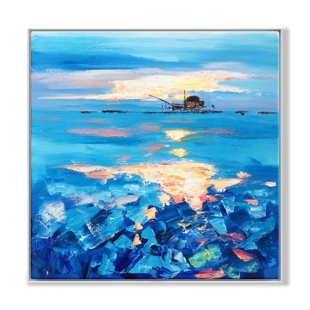 Serene Oilrig Sunrise Over Vibrant Blue Waters