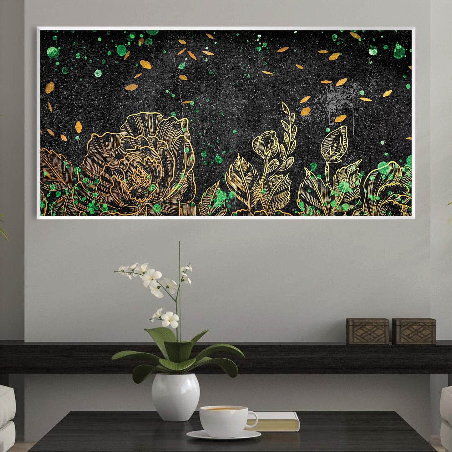 Elegant Floral Oil Painting with Green and Gold Accents on Black Canvas