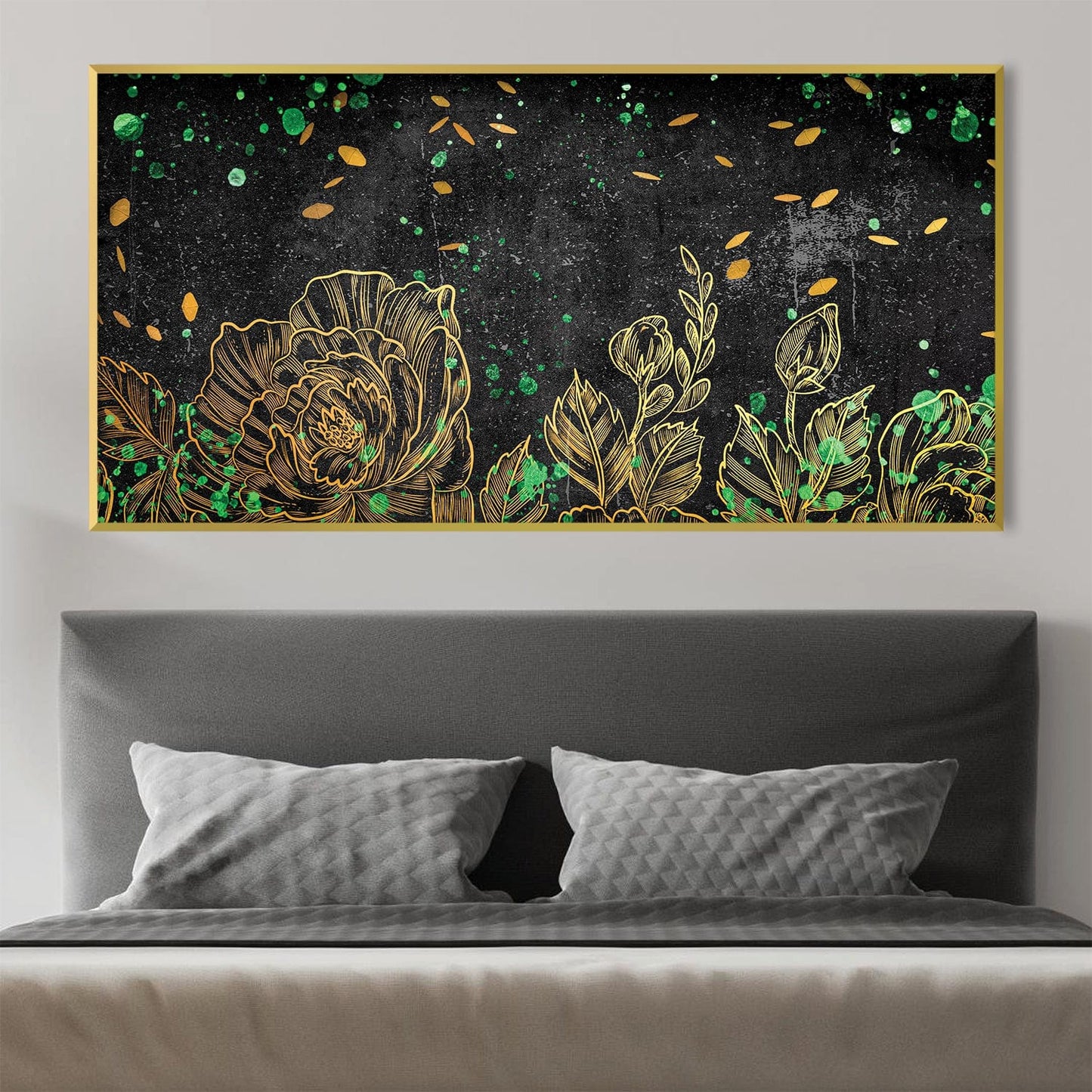 Elegant Floral Oil Painting with Green and Gold Accents on Black Canvas