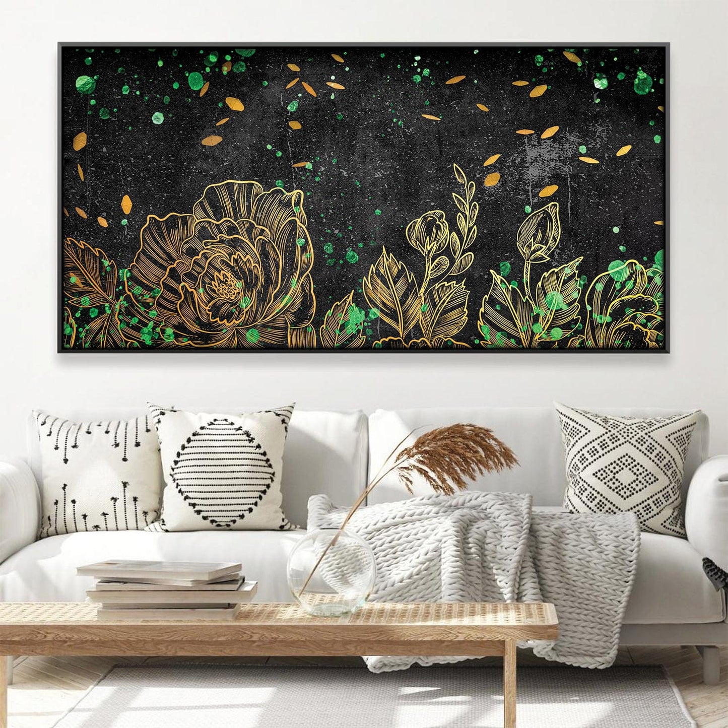 Elegant Floral Oil Painting with Green and Gold Accents on Black Canvas