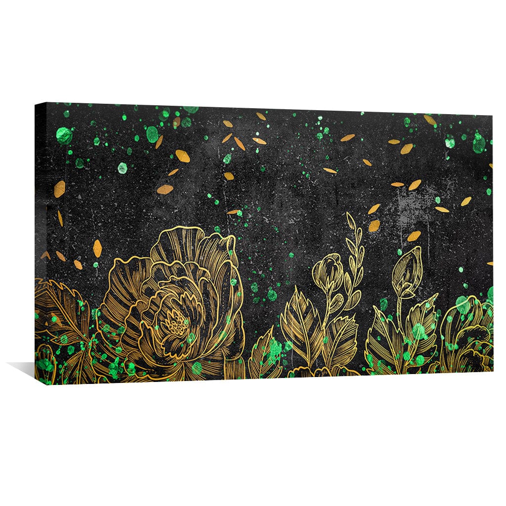 Elegant Floral Oil Painting with Green and Gold Accents on Black Canvas