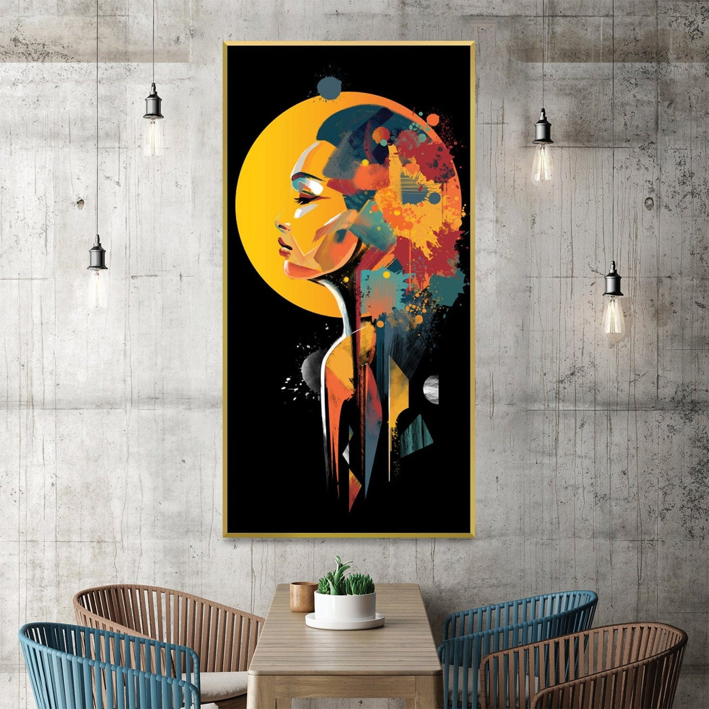 Colorful Abstract Portrait of a Woman Under Cosmic Yellow Sphere