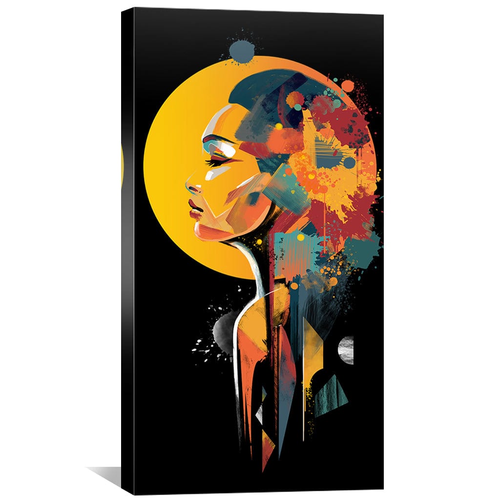 Colorful Abstract Portrait of a Woman Under Cosmic Yellow Sphere