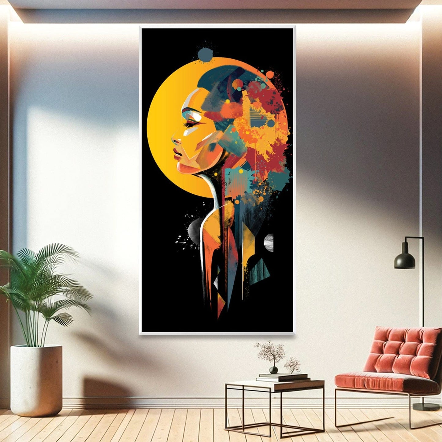 Colorful Abstract Portrait of a Woman Under Cosmic Yellow Sphere