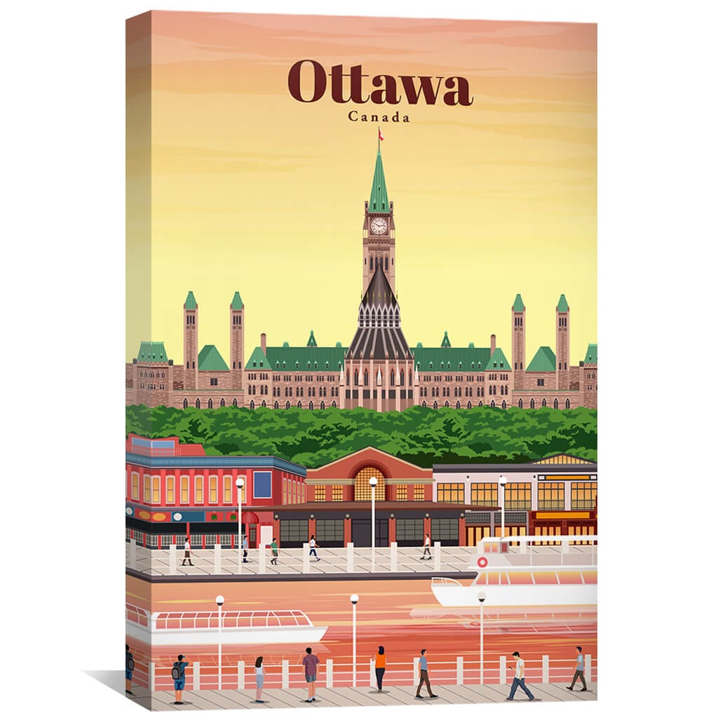 Ottawa Cityscape Oil Painting - Vibrant Sunset Watercolor Artwork
