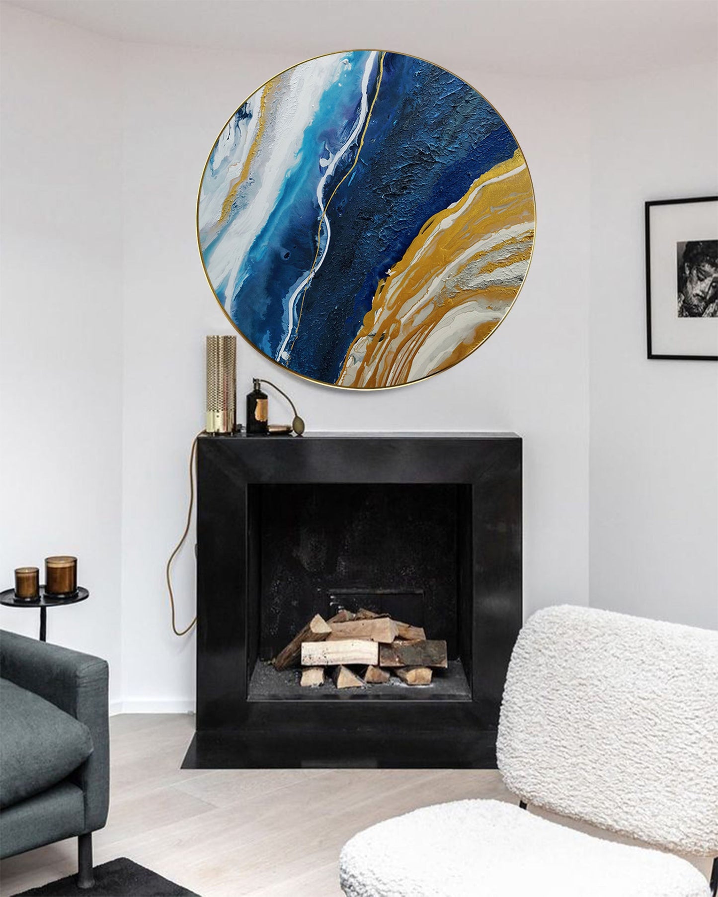 Elegant Circular Abstract Ocean-Inspired Oil Painting in Blue and Gold