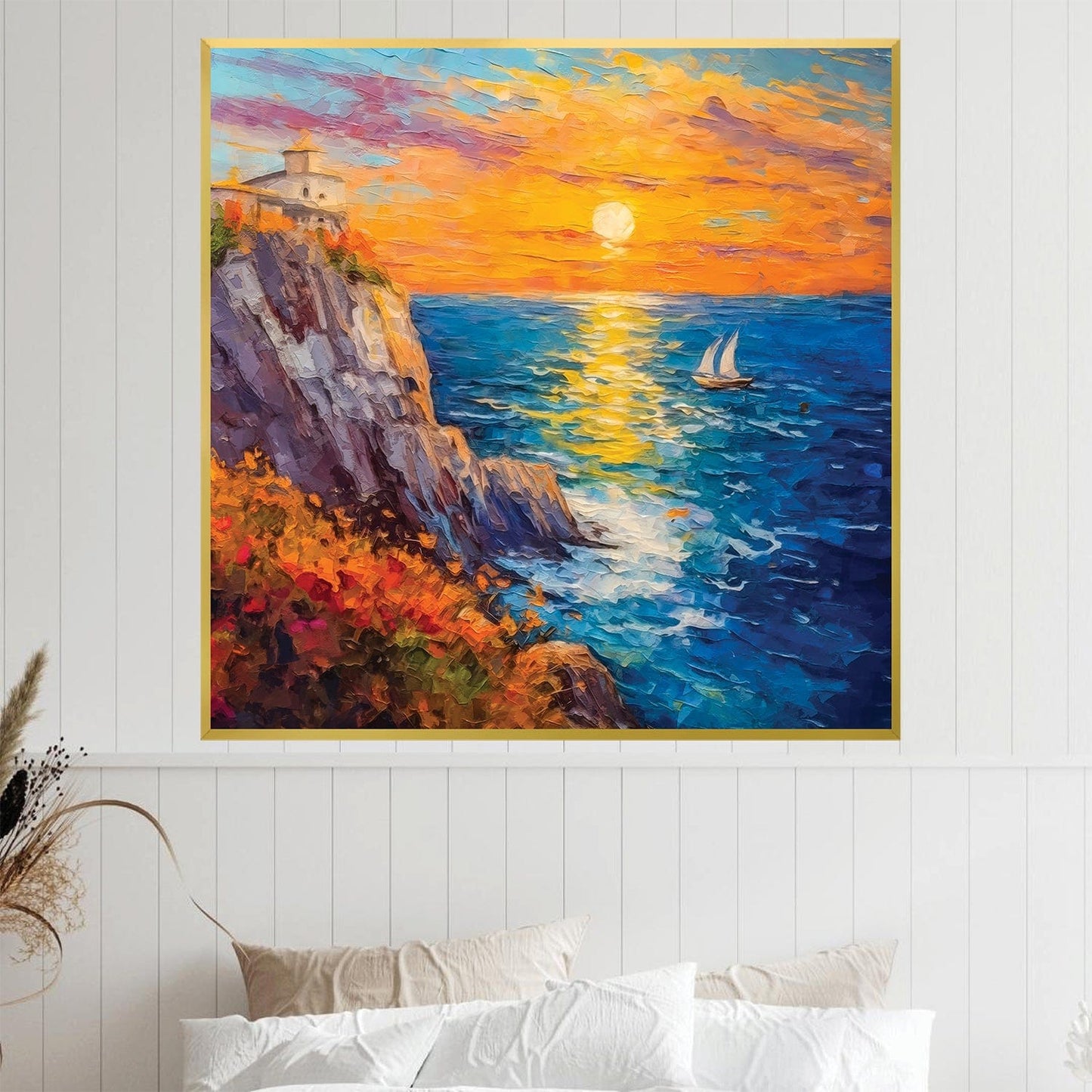 Coastal Sunset Oil Painting with Sailboat and Vibrant Ocean View