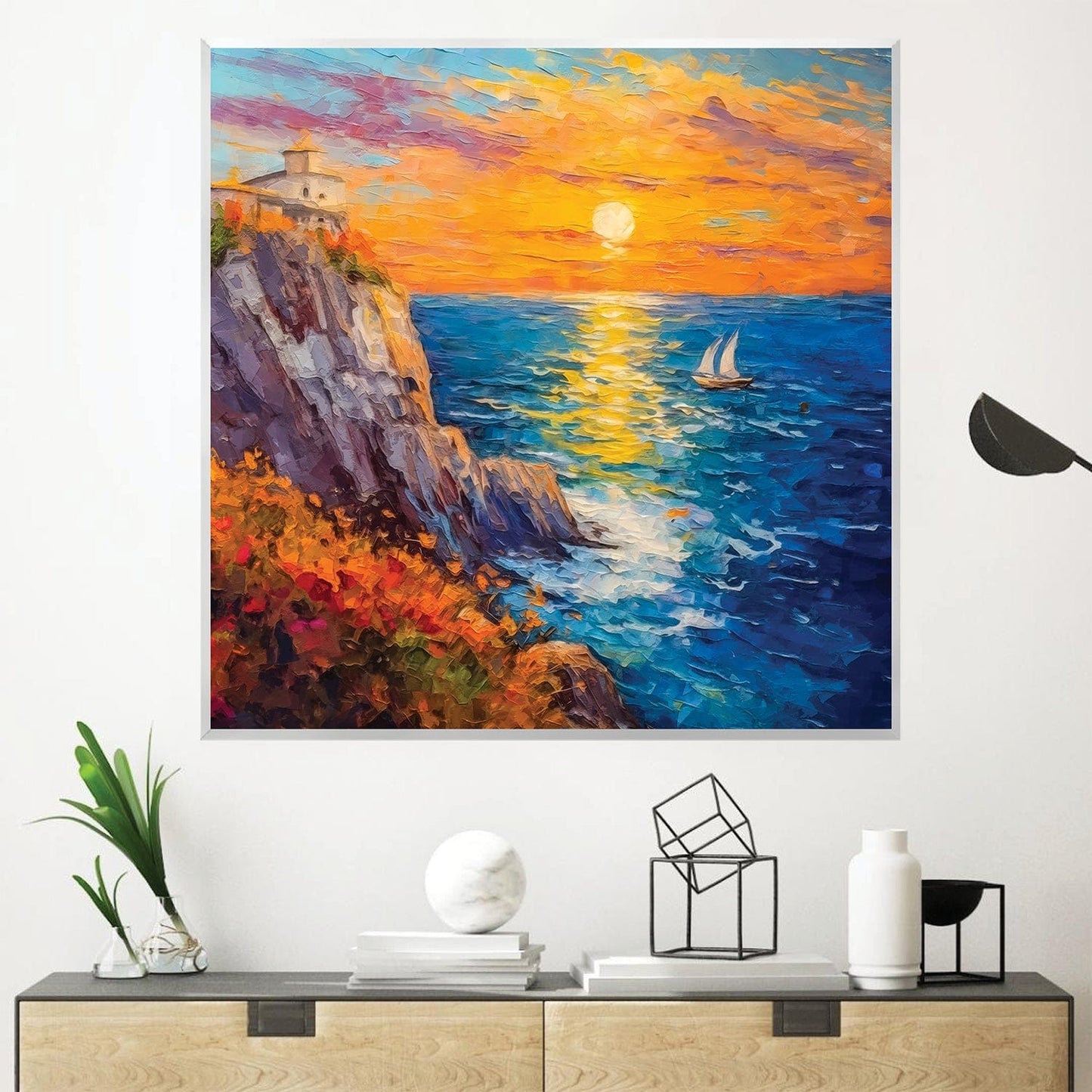 Coastal Sunset Oil Painting with Sailboat and Vibrant Ocean View