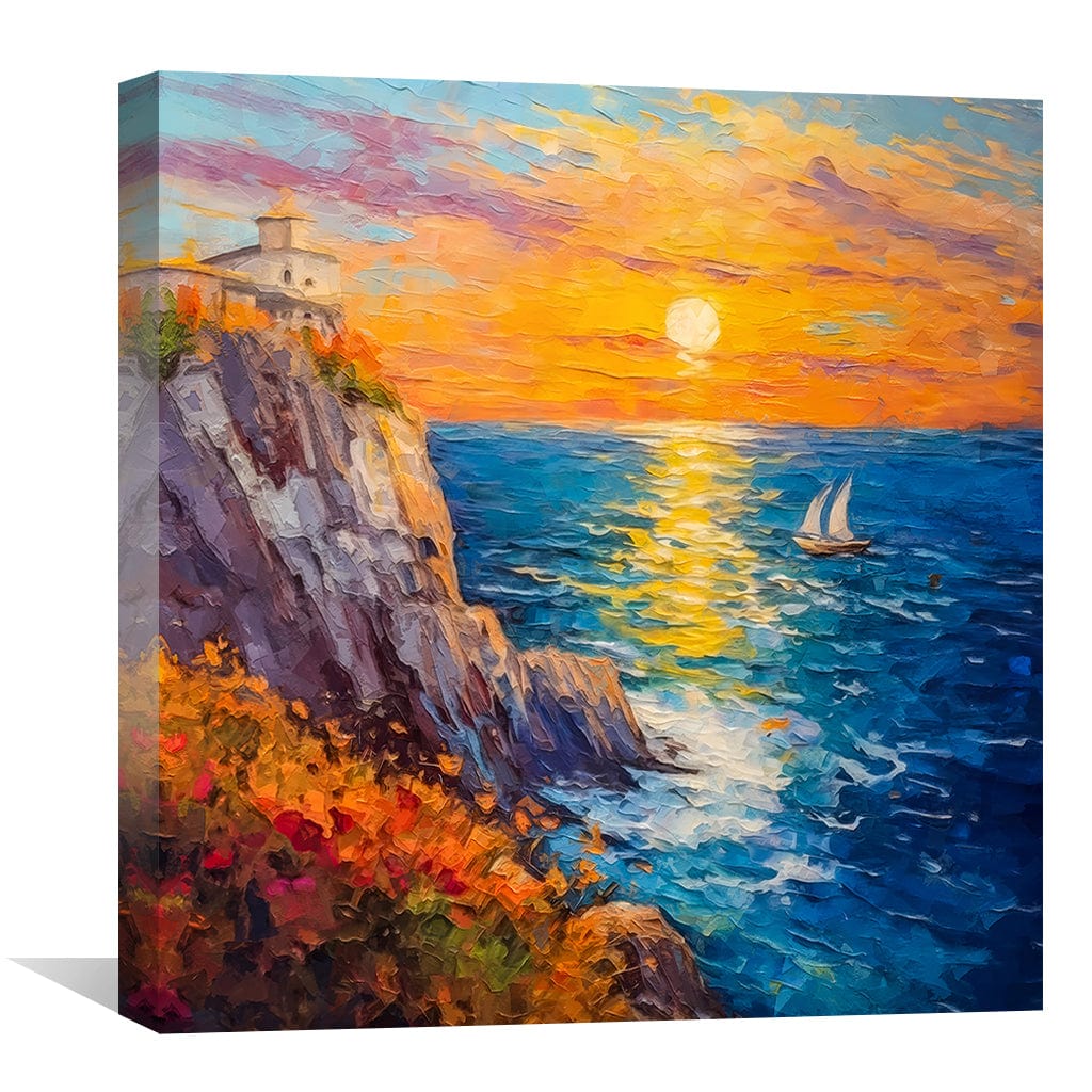 Coastal Sunset Oil Painting with Sailboat and Vibrant Ocean View