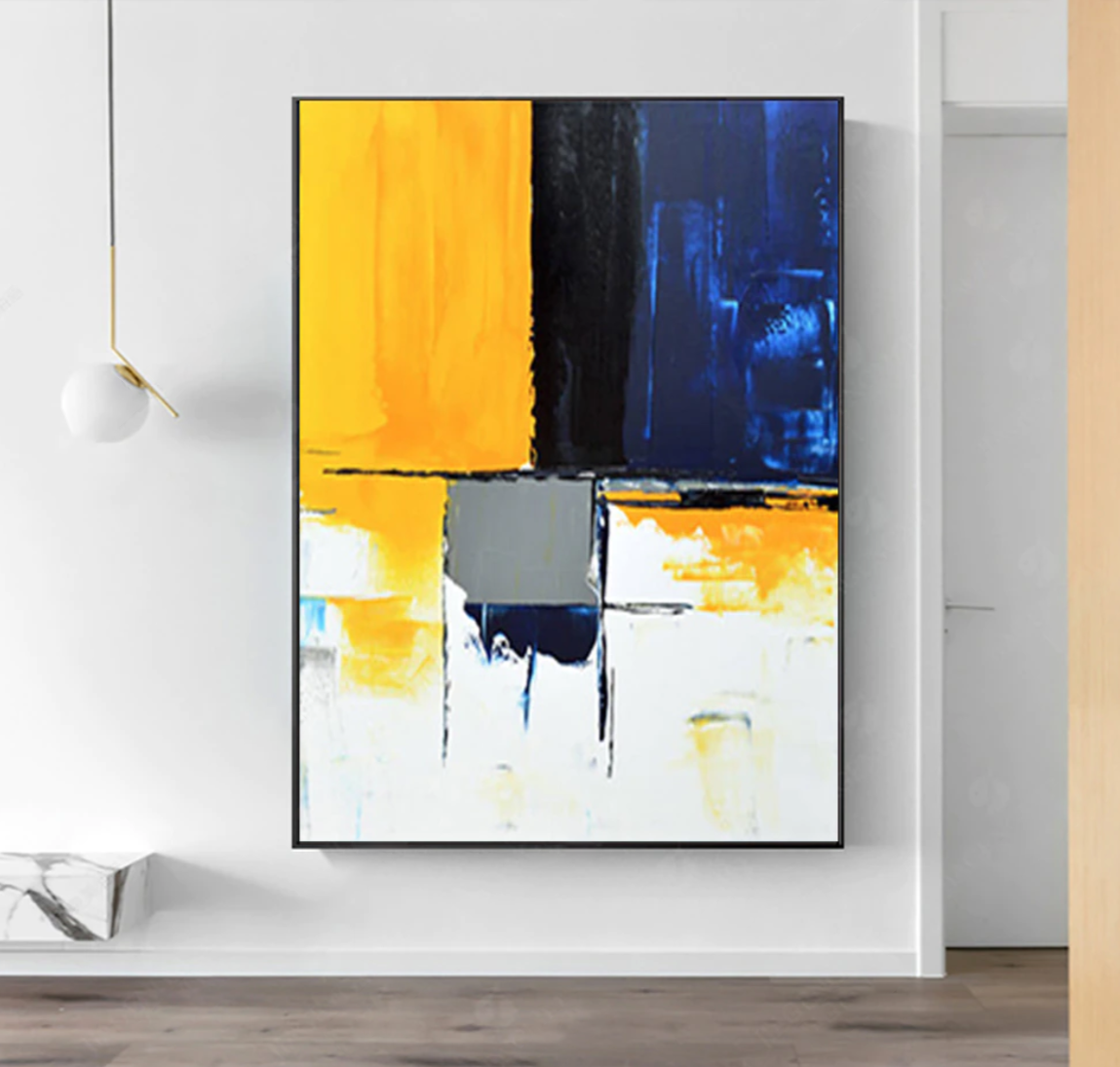 Contemporary Abstract Oil Painting in Bold Yellow and Blue Tones