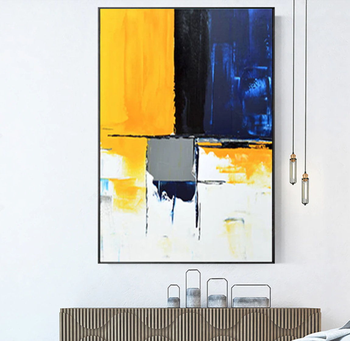 Contemporary Abstract Oil Painting in Bold Yellow and Blue Tones