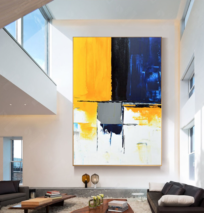 Contemporary Abstract Oil Painting in Bold Yellow and Blue Tones