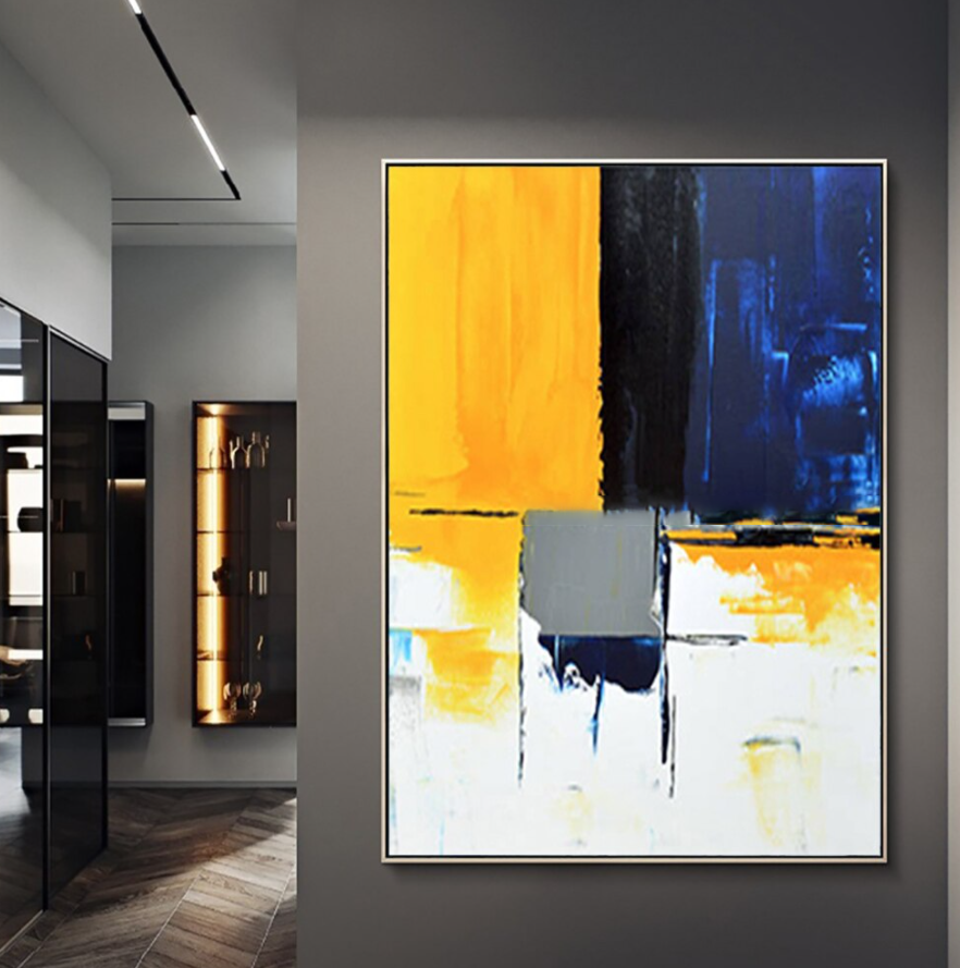 Contemporary Abstract Oil Painting in Bold Yellow and Blue Tones