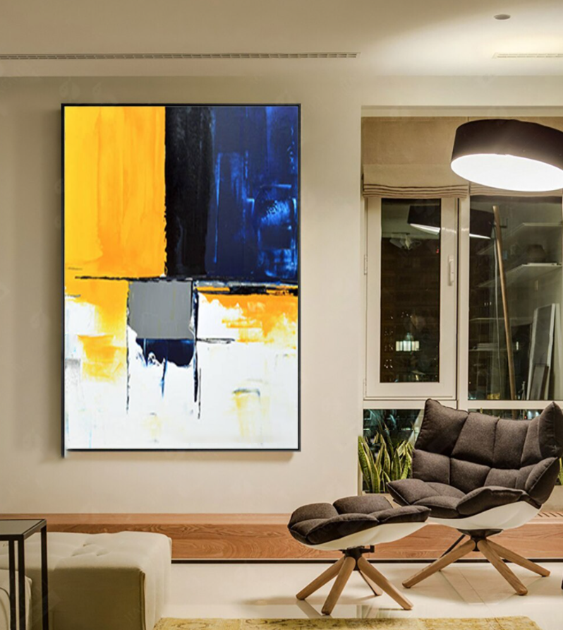 Contemporary Abstract Oil Painting in Bold Yellow and Blue Tones