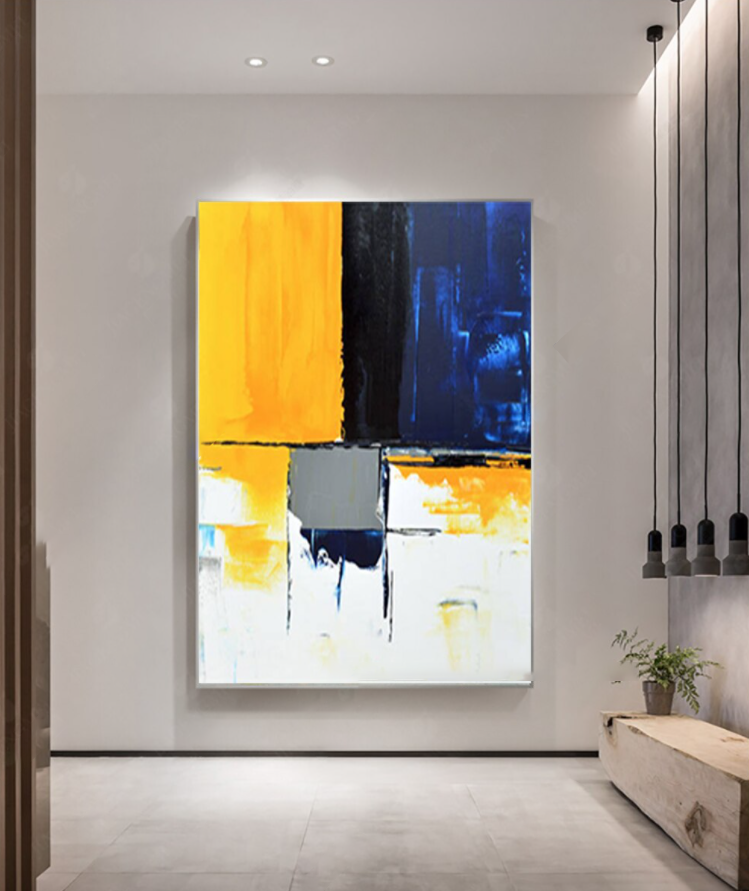 Contemporary Abstract Oil Painting in Bold Yellow and Blue Tones
