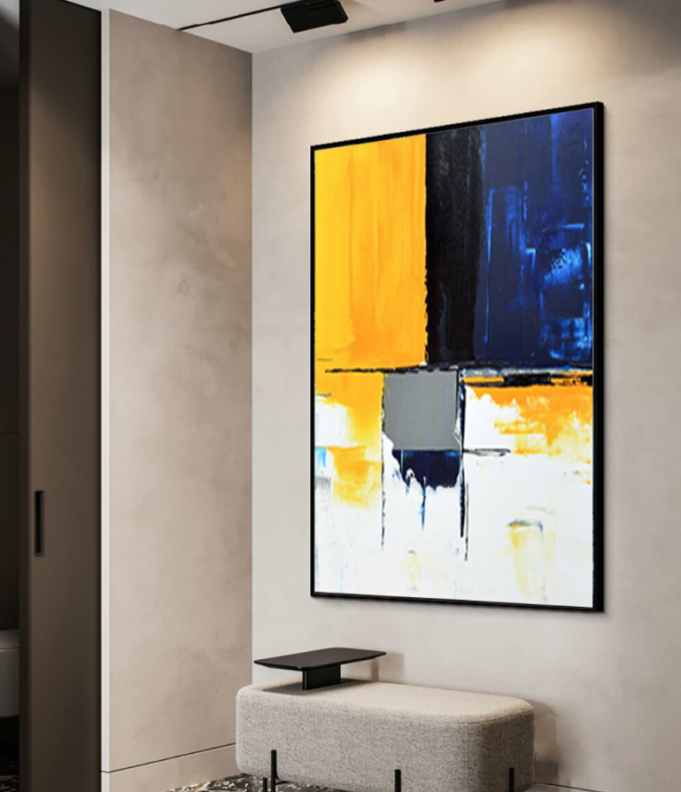 Contemporary Abstract Oil Painting in Bold Yellow and Blue Tones