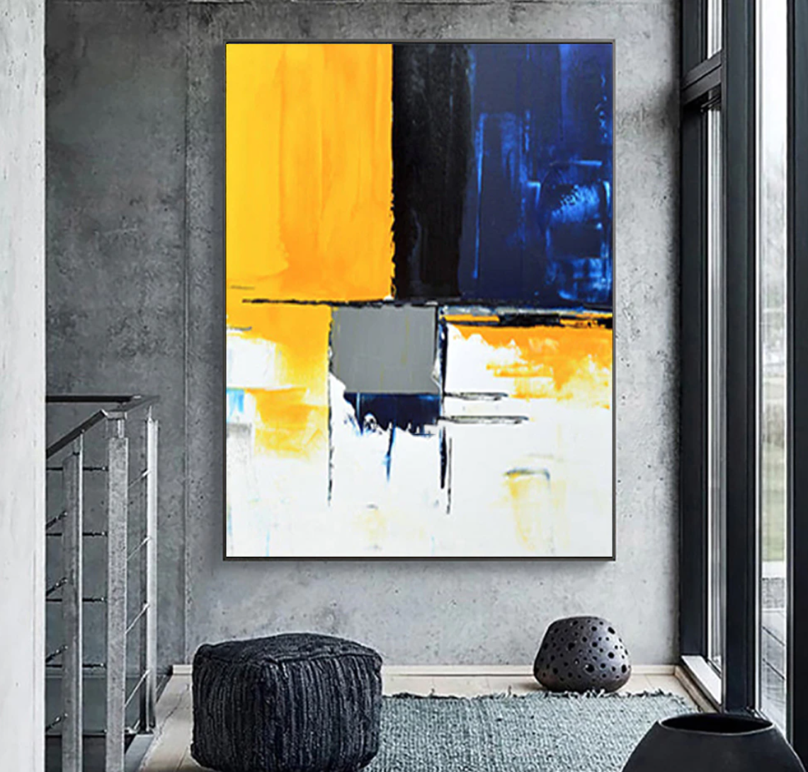 Contemporary Abstract Oil Painting in Bold Yellow and Blue Tones
