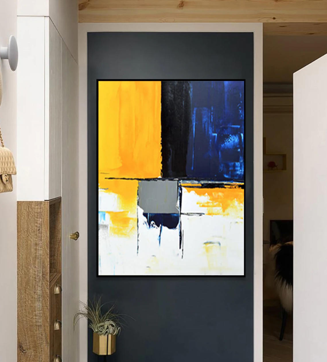 Contemporary Abstract Oil Painting in Bold Yellow and Blue Tones
