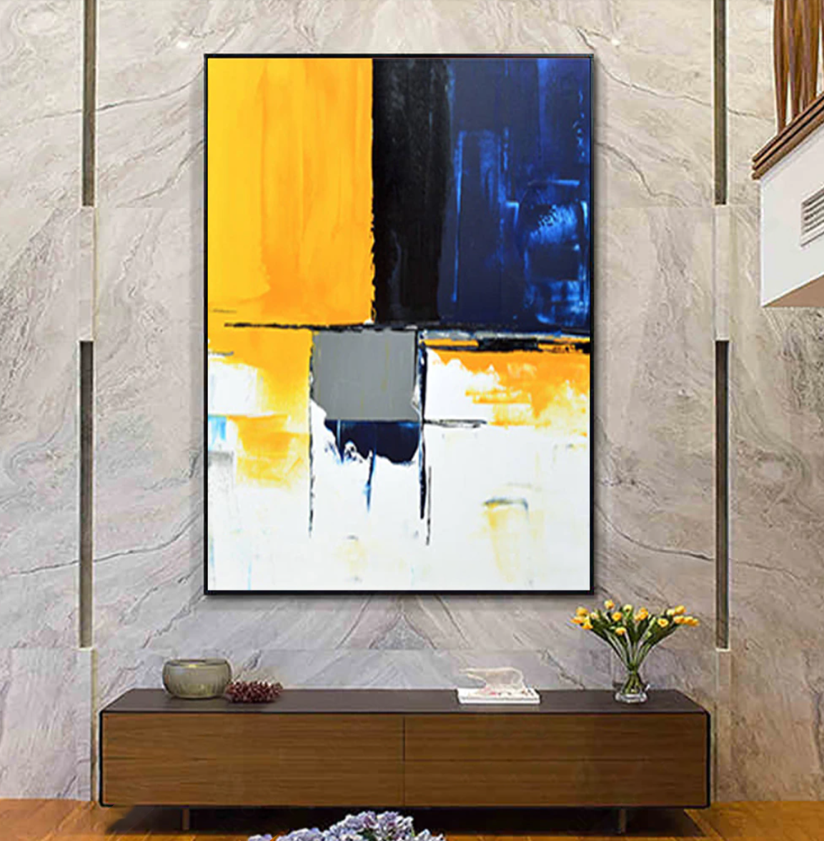 Contemporary Abstract Oil Painting in Bold Yellow and Blue Tones