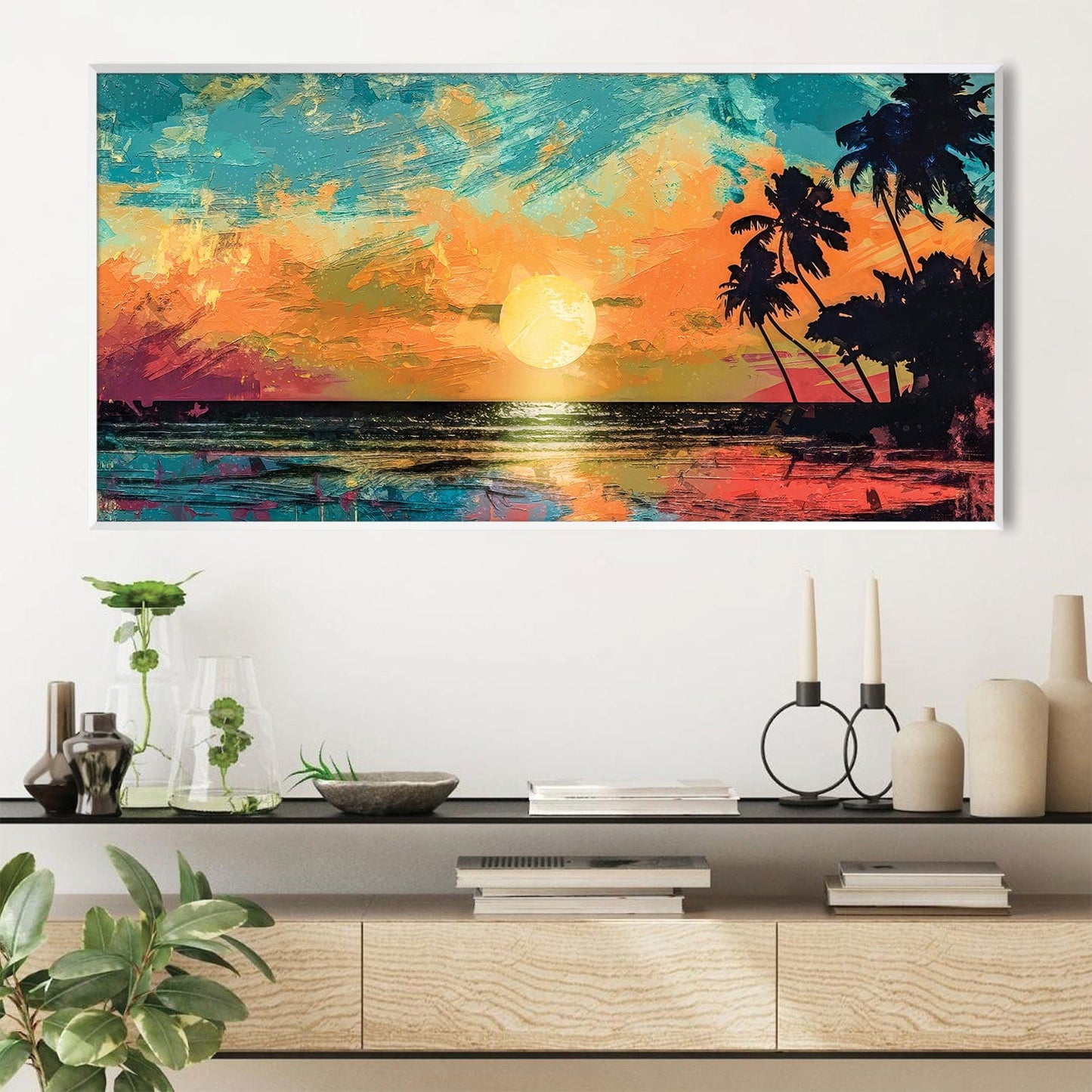 Tropical Sunset Oil Painting with Vibrant Colors and Serene Ocean View Decor