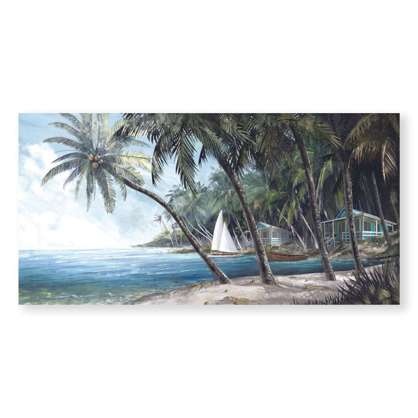 Tropical Beach Paradise Oil Painting with Palm Trees and Ocean View