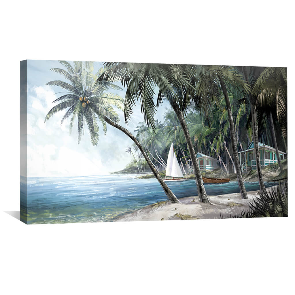 Tropical Beach Paradise Oil Painting with Palm Trees and Ocean View