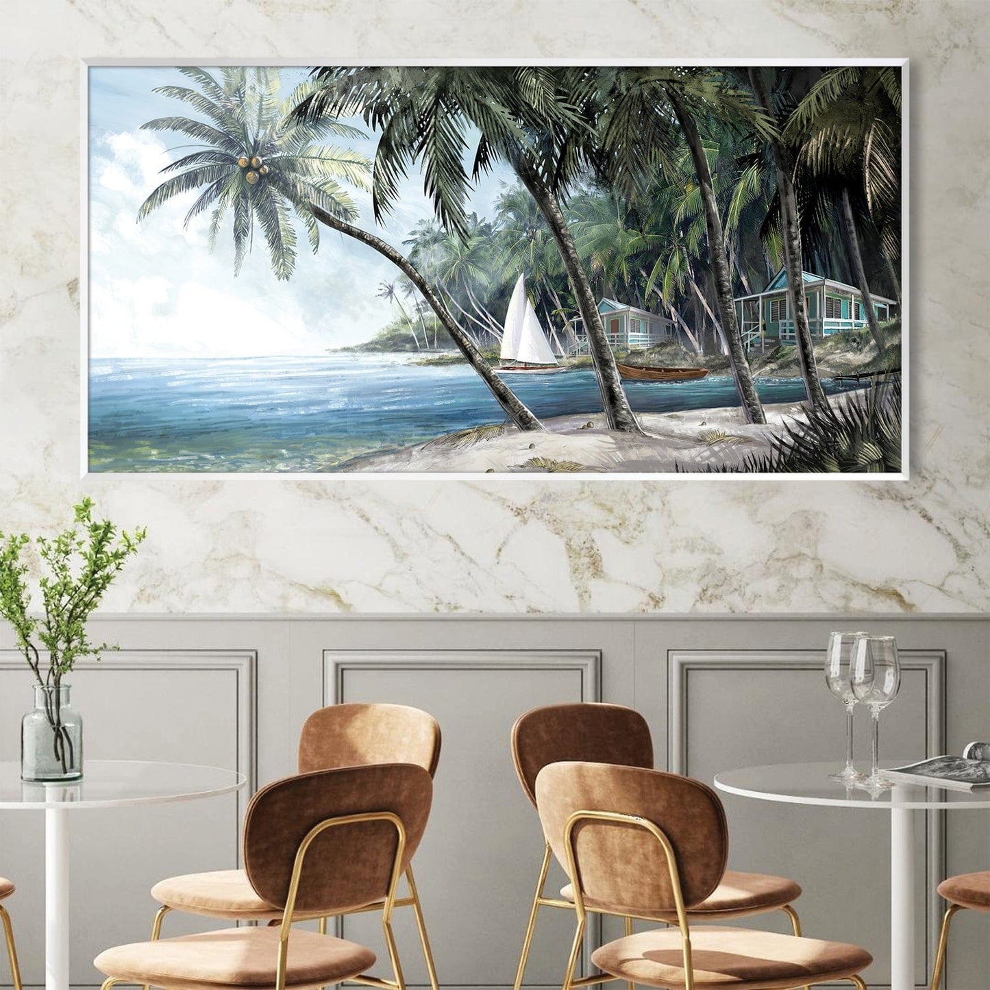 Tropical Beach Paradise Oil Painting with Palm Trees and Ocean View