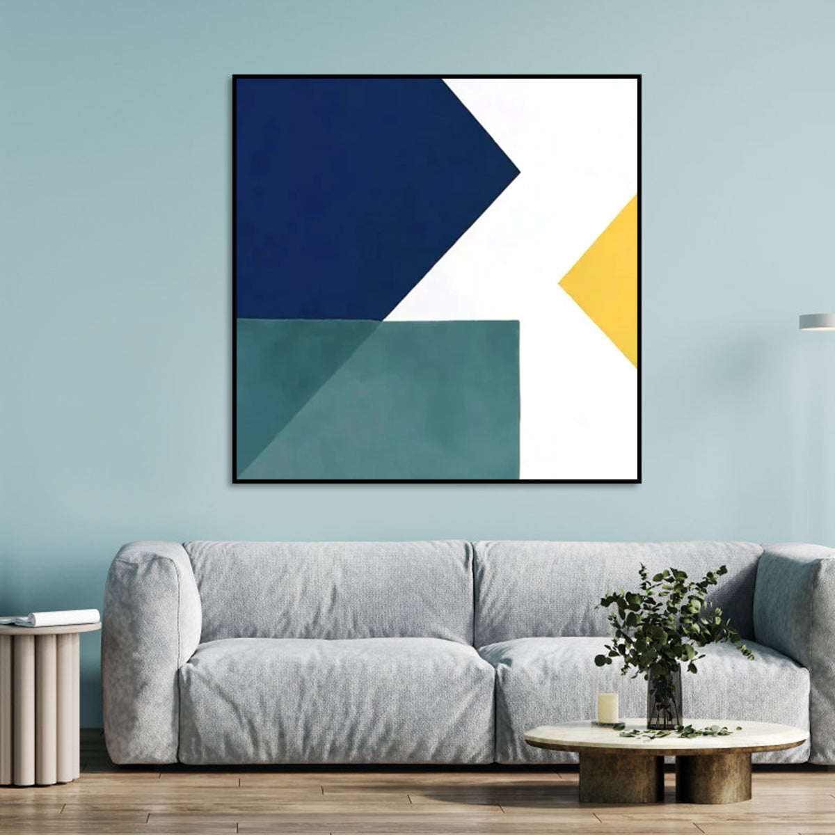 Modern Geometric Oil Painting in Green, Blue, and Yellow for Contemporary Decor