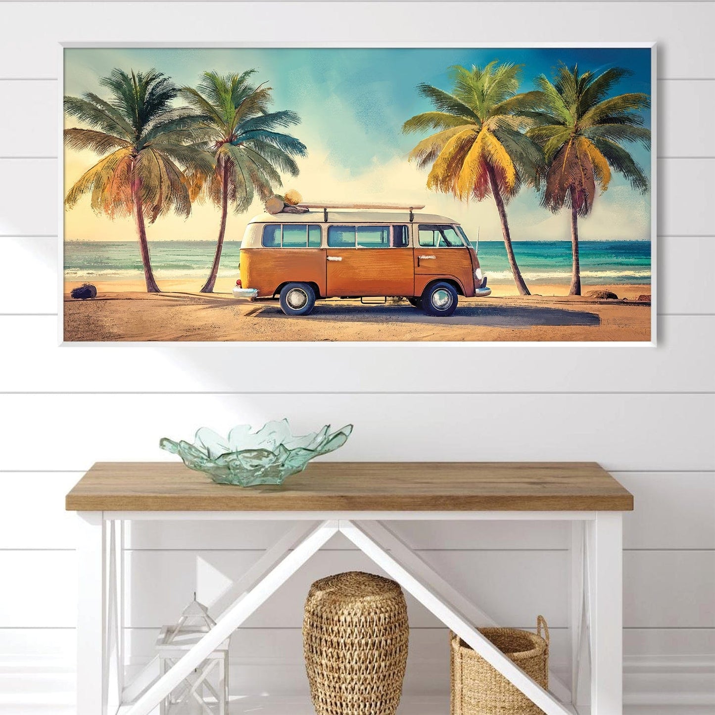 Coastal Sunset Vibes with Vintage Van and Palm Trees Oil Painting
