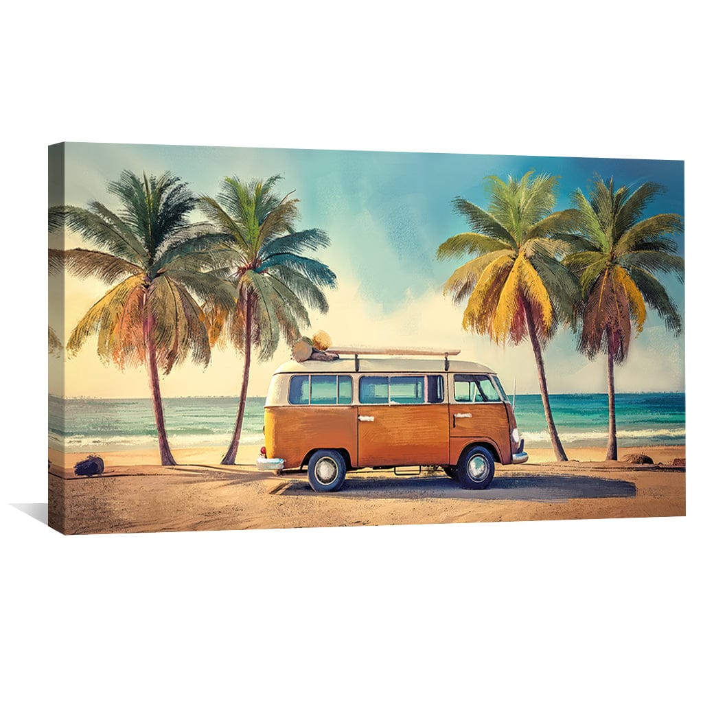 Coastal Sunset Vibes with Vintage Van and Palm Trees Oil Painting